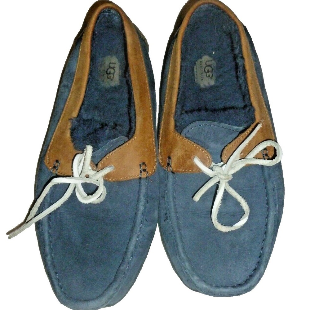 UGG Australia Ascot Mens Navy Blue Suede Shearling Moccasin‎ Slippers Size 10